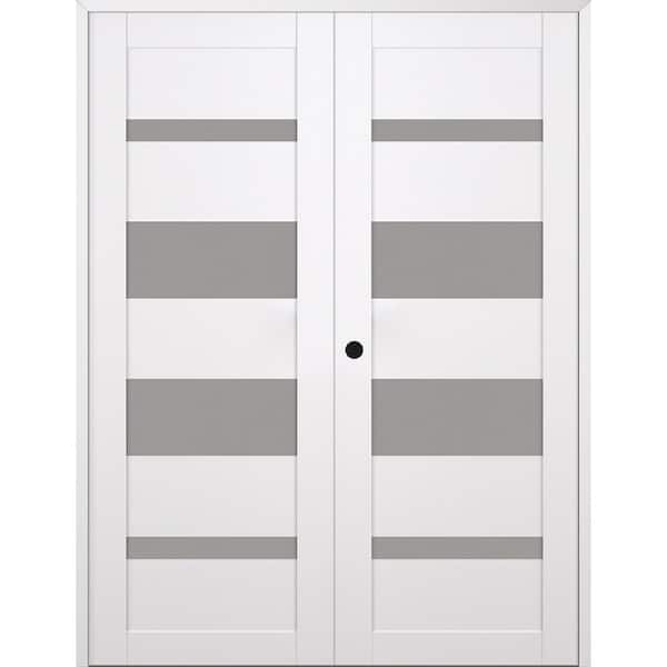 Mirella 48 in. x 96 in. Right Active 4-Lite Frosted Glass Snow White Wood Composite Double Prehung Interior Door