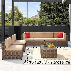 7-Piece Brown Wicker Outdoor Patio Conversation Set with Beige Cushions and Coffee Table