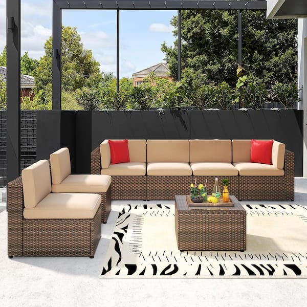 SUNMTHINK 7-Piece Brown Wicker Outdoor Patio Conversation Set with Beige Cushions and Coffee Table