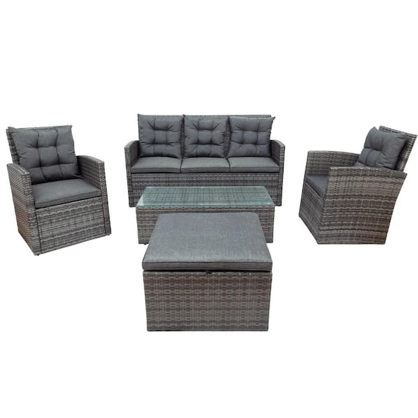 Willit 5-Piece Wicker Outdoor Sectional Set with Gray Cushions, Storage Bench