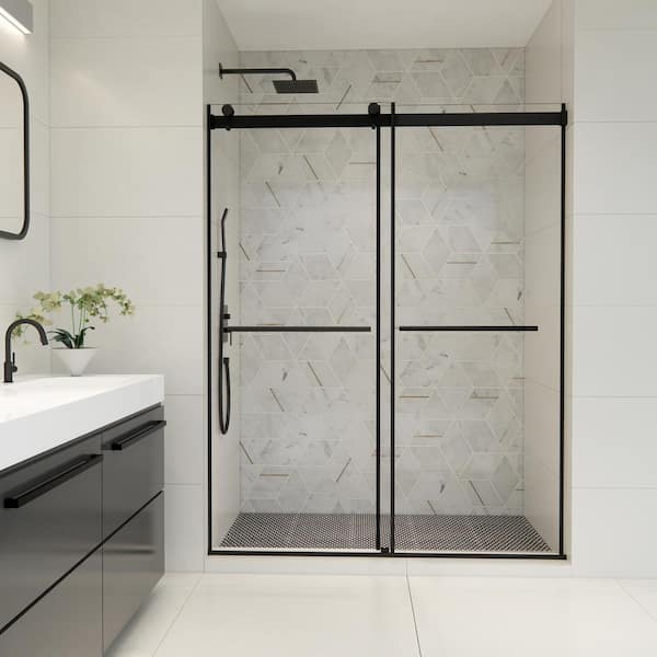 Belizzi 60 in. W x 76 in. H Sliding Frameless Shower Door in Matte Black Finish with Clear Glass