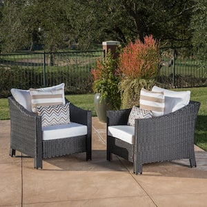2-Piece Black Wicker Outdoor Lounge Chair with White Cushions