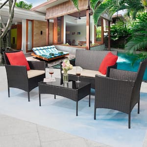 Black 4-Pieces Wicker Outdoor Patio Conversation Furniture Sets Rattan Chair Wicker Set with Beige Cushion