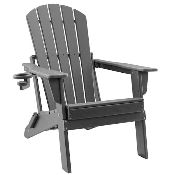 HDPE Folding Adirondack Chair with Cup Holder, Weather-Resistant, Low Maintenance, Supports up to 400lbs, Grey