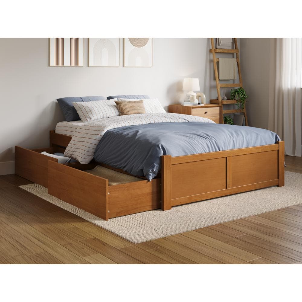 Light Toffee Full Wood Platform Bed with Footboard and Storage Drawers