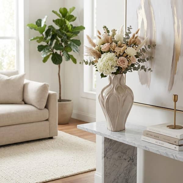 Liv & Skye 18 in. Beige/Tan Ceramic Urn Decorative Vase HD21112-03