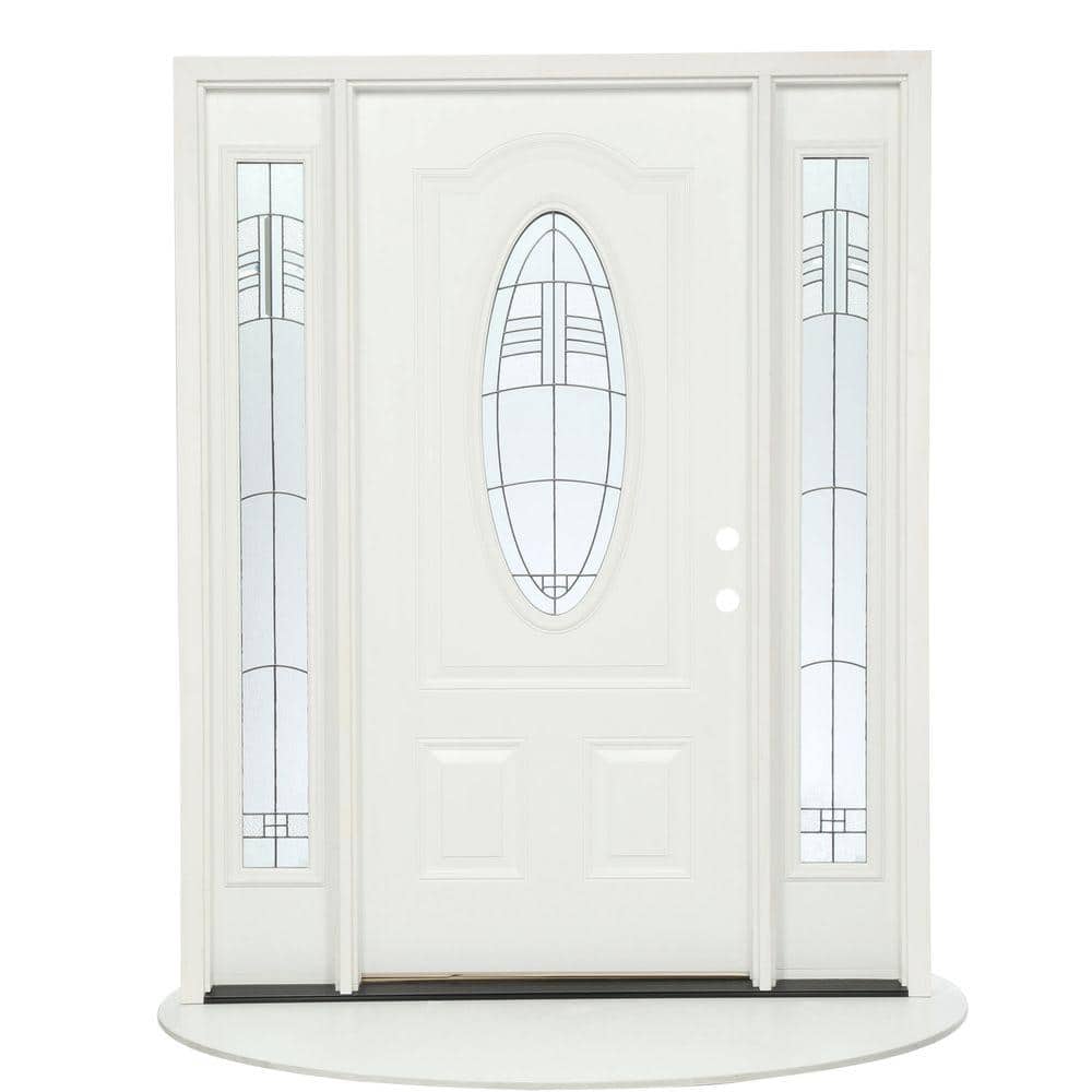 Feather River Doors 63.5 in.x81.625 in. Rochester Patina 3/4 Oval Lt Unfinished Smooth Left-Hand Fiberglass Prehung Front Door w/Sidelites, Smooth White: Ready to Paint -  173190-3A4