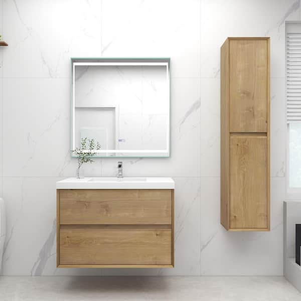 Kingdee 36 in. W x 20 in. D x 26 in. H Single Sink Floating Bath Vanity in Teak Oak with White Acrylic Top
