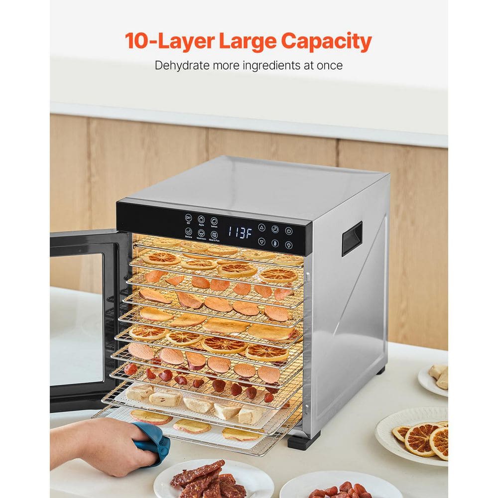 Stainless Steel 10-Tray Food Dehydrator with Adjustable Thermostat