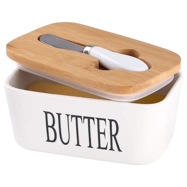 42.5 oz. White Ceramic Butter Dish with Wooden Lid and Stainless Steel Knife Spreader for 2 Standard Sticks of Butter