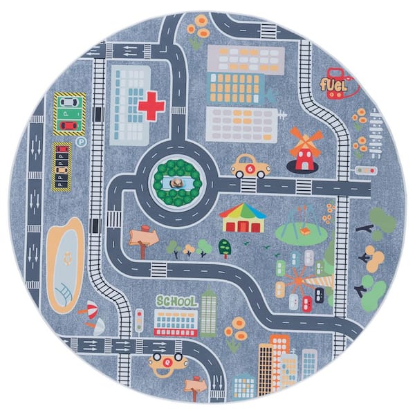 Tacoma Kids 5 ft. x 5 ft. Gray/Dark Gray Neighborhood Streets Round Area Rug