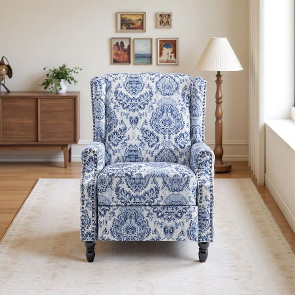 Navy Blue Pattern Linen Nailhead Trim Upholstered Manual Recliner Chair with Adjustable Footrest(Set of 1)