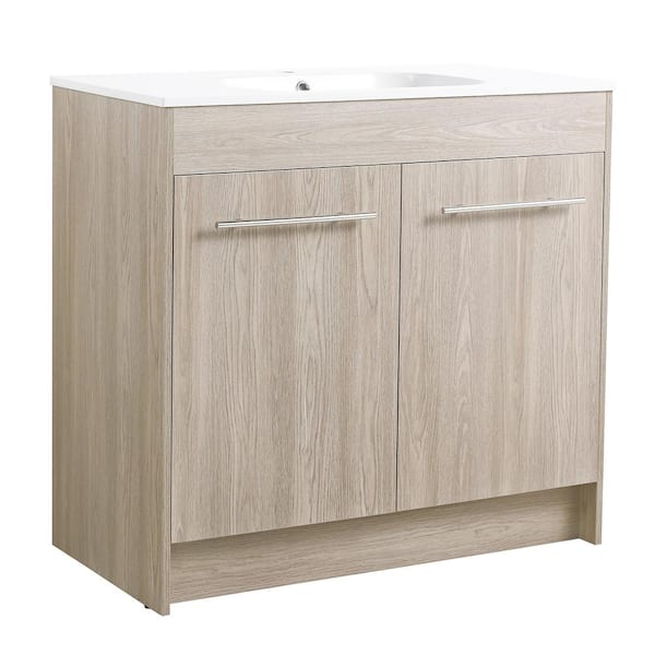 MYCASS 35.6 in.W x 18.1 in.D x 33.8 in.H Single Sink Acrylic Gel TopFreestanding Bath Vanity in White Oak with White