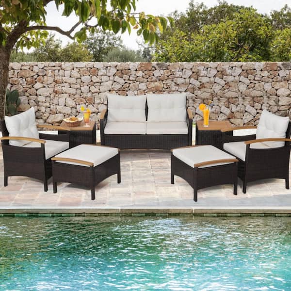 7-Piece Wicker Patio Conversation Set with Off White Cushions