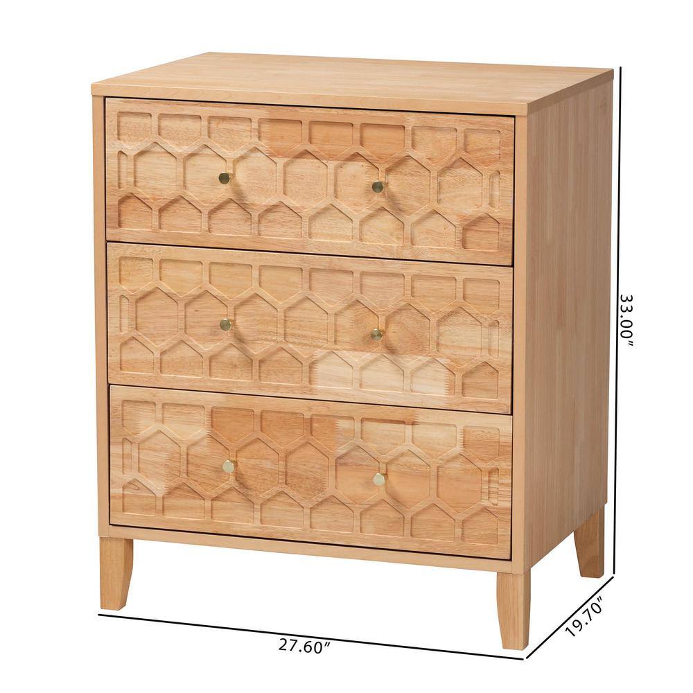 Natural Wood Honeycomb Carved 3-Drawer Chest