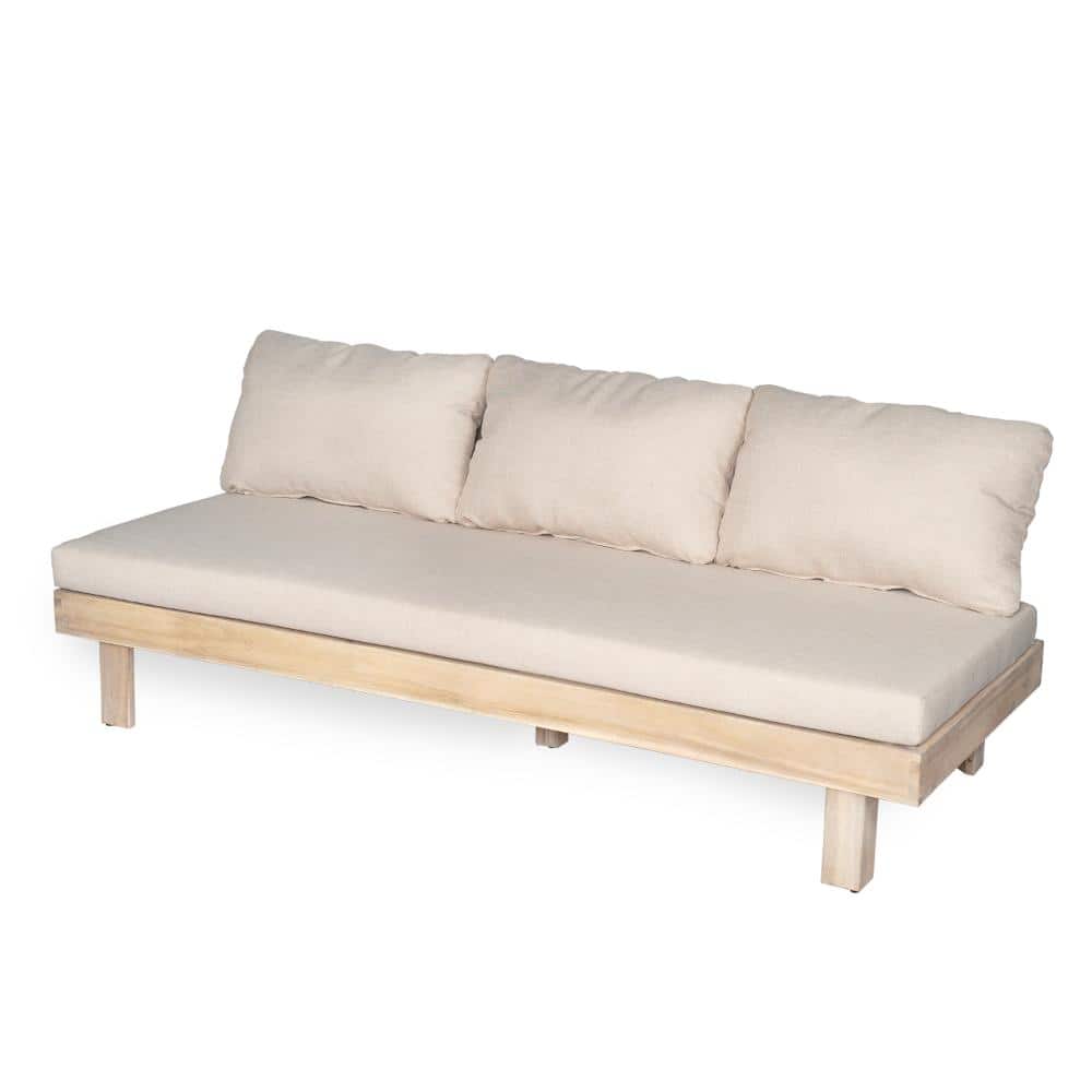Light White Acacia Wood 3-Seater Sofa with Thick Cushion