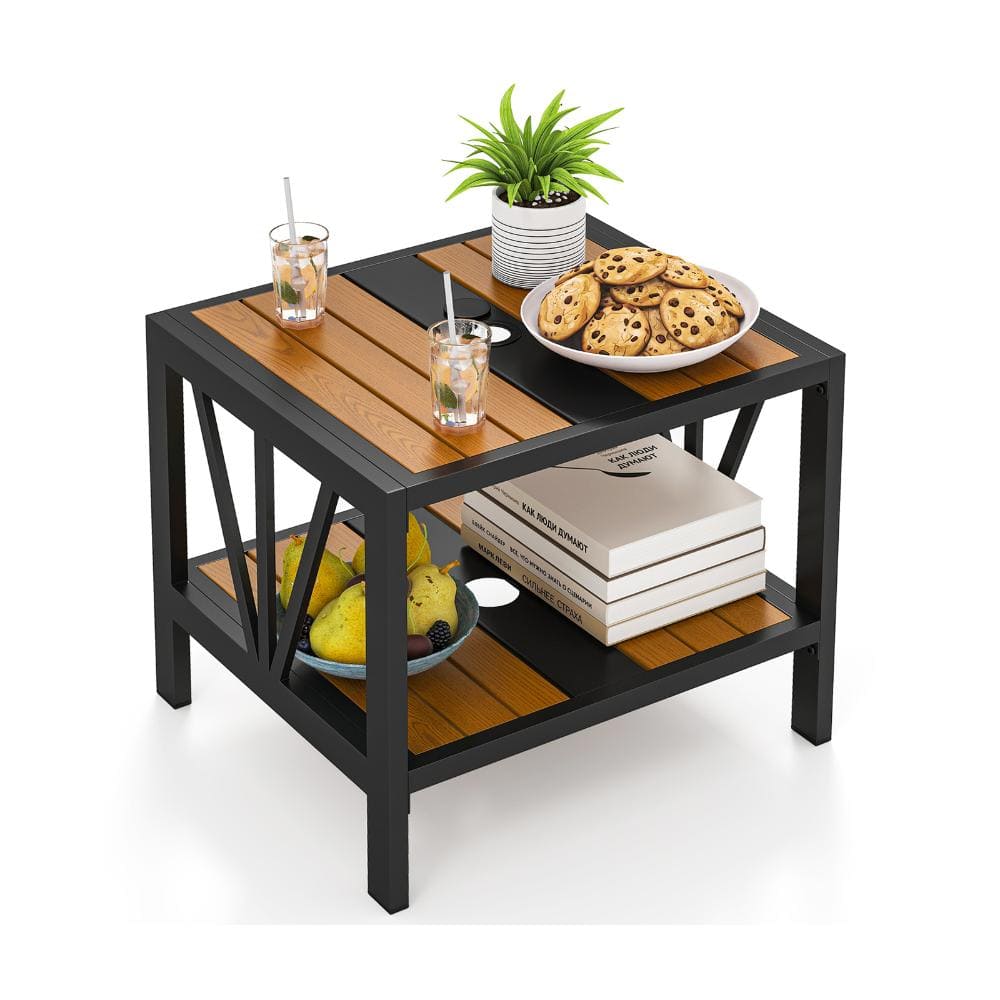 20.5 in. Metal Outdoor Side Table with Storage Shelf, Umbrella Hole and Lid, Black and Natural price history on PriceWatchPro