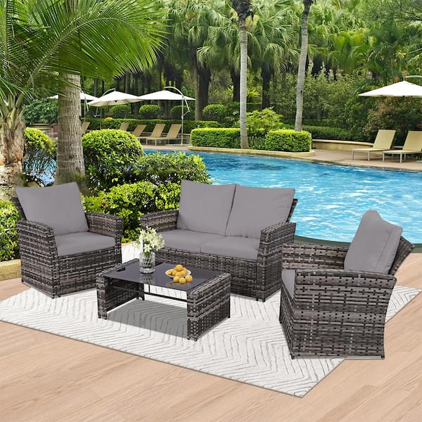 Zeus & Ruta 4-Piece Gray Wicker Patio Conversation Set with Gray Cushions for Garden, Porch, Backyard