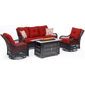 Orleans 4-Piece Wicker Patio Seating Set with Patio Fire Pit Table with Autumn Berry Cushions