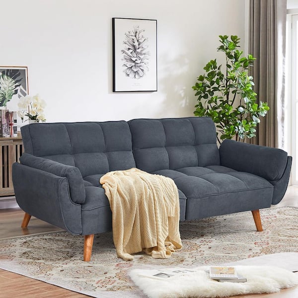 Chic 75 in. Dark Gray Linen Futon Sleeper Bed Convertible Loveseat Sofa with Split Backrest and Pillows