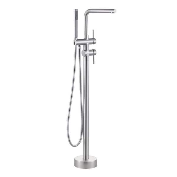 IVIGA Single Handle Freestanding Floor Mount Tub Faucet with Hand Shower with Swivel Gooseneck Spout in Brushed Nickel