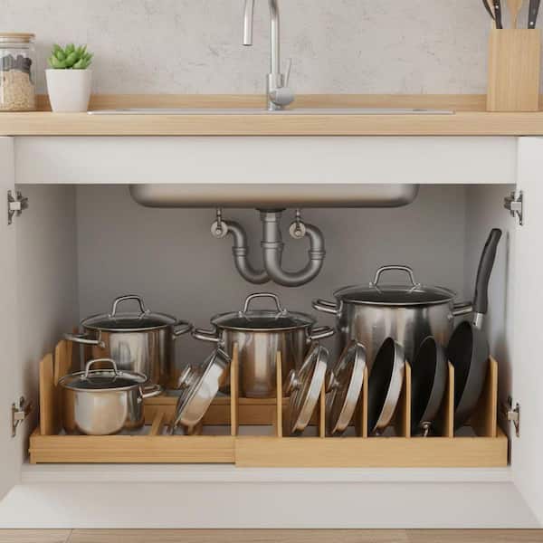 Natural Bamboo Pot Lid Organizer Expandable Kitchen Rack for Pots Pans Bakeware Cutting Boards Storage