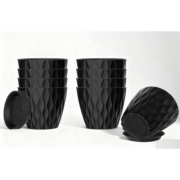 10-Pack 5 in. Plant Pots (Black Plastic) - Stackable, with Drainage & Saucers, Indoor/Outdoor for Houseplants/Herbs
