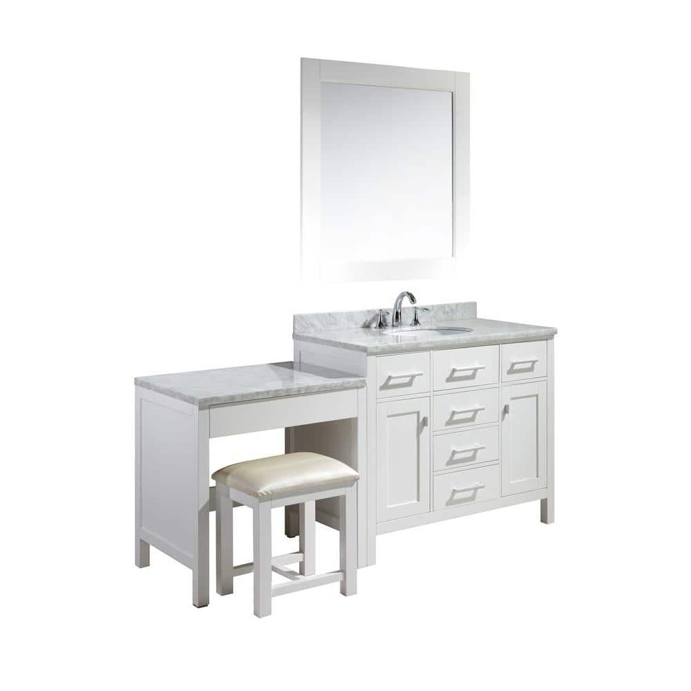 Design Element London 42 In W X 22 In D Vanity In White With Marble Vanity Top In Carrara White Basin Mirror And Makeup Table Dec076f W Mut W The Home Depot