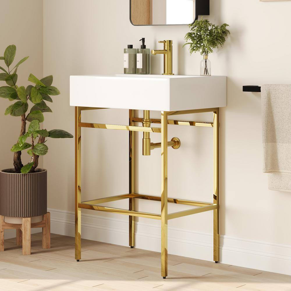 24" White Ceramic Console Sink with Gold Legs