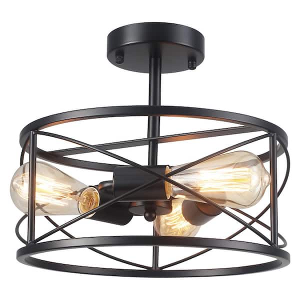 12.6 in. 3-Light Black Modern Drum Semi-Flush Mount Light with Metal Shade