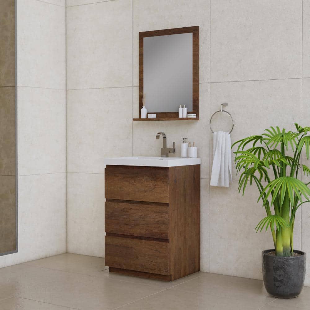 Rosewood Brown 24" Freestanding MDF Bathroom Vanity with White Sink