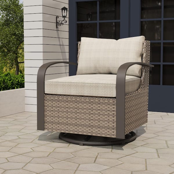 Outdoor Patio Wicker Lounge Chair Swivel Rocking Chair with Beige Cushions