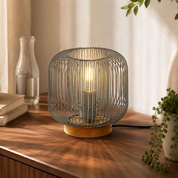 7.7 in. Rubberwood Modern Farmhouse Lantern Bedside Table Lamp for Bedroom, Drum Desk Lamp with Gray Metal Shade