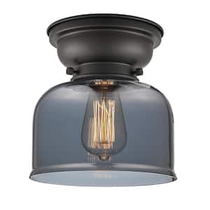 Bell 8 in. 1-Light Matte Black Flush Mount with Plated Smoke Glass Shade
