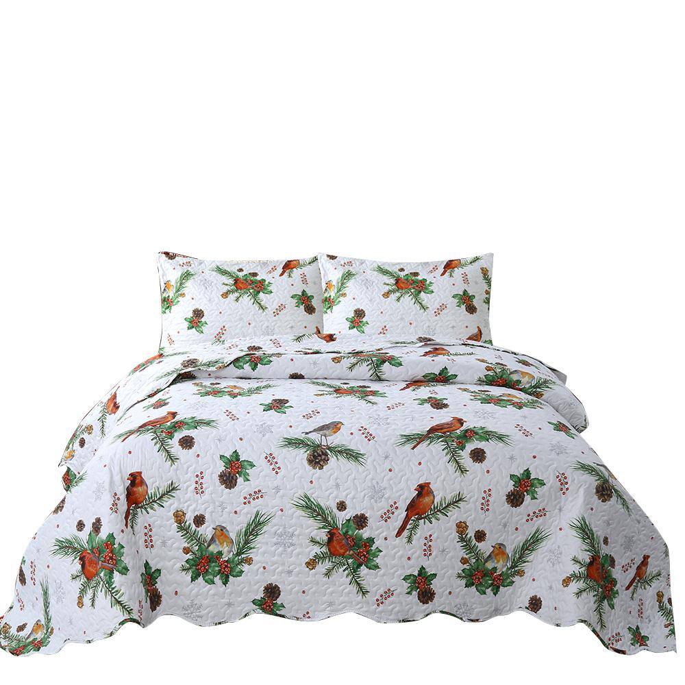 Queen White Christmas Cardinals Polyester Quilt Set