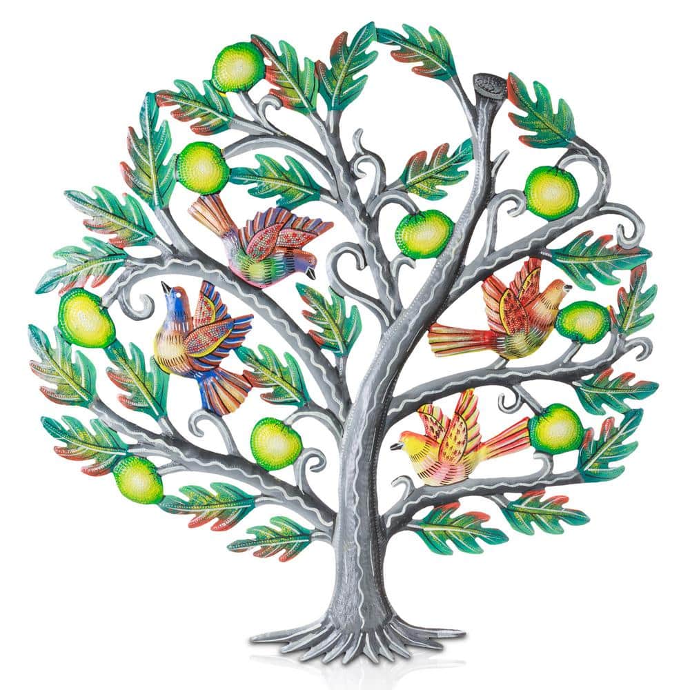 Global Crafts Apple Tree with Birds Haitian Steel Drum Wall Art  HMDPTREE7_GWH The Home Depot