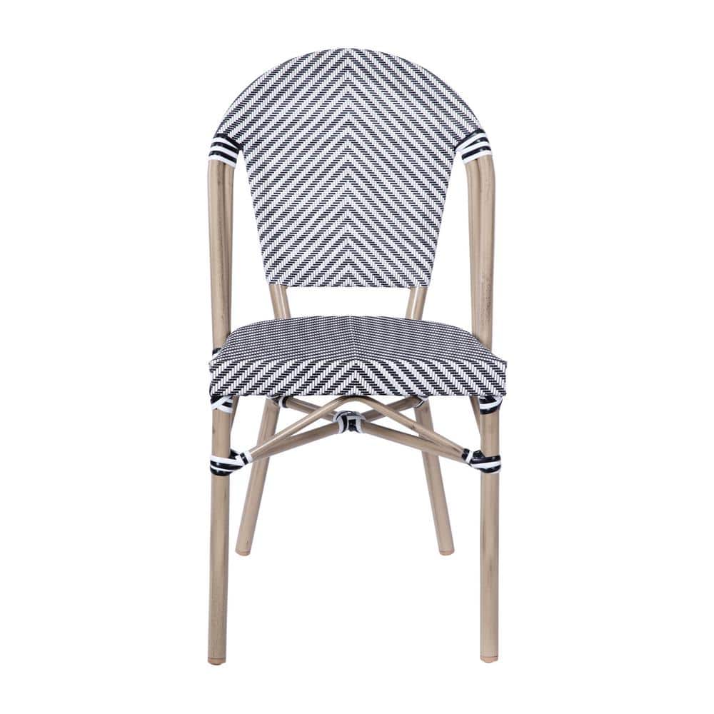 Black and White Armless French Bistro Stacking Chair with Metal Frame