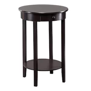 Brown Round Wood Top 2-Tier Side Table with Drawer