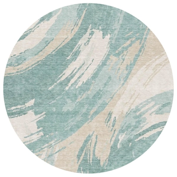 Chantille Machine Washable Indoor/Outdoor Abstract ACN2957 Turquoise 8 ft. x 8 ft. Round Rug