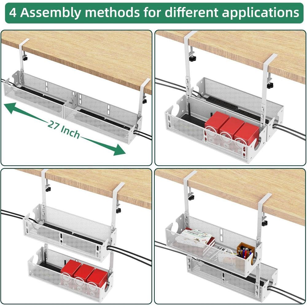 Under Desk Cable Management Tray Clamp Mount No Damage Installation White 2 Pack - Thumbnail 2