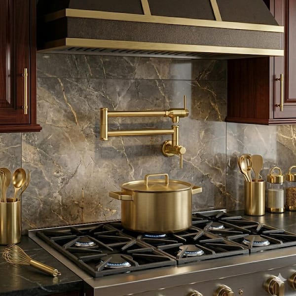 Wall Mounted Pot Filler 2-Handles Kitchen Faucet with 360° Spout Swivel in Brushed Gold