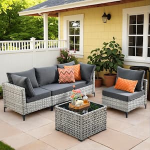 Holston 5-Piece Wicker Modern Outdoor Patio Conversation Sofa Sectional Set with Black Cushions