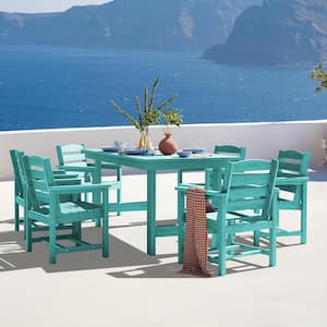 HDPE 7-Piece Plastic Rectangle Standard Height Outdoor Dining Set in Aruba Blue