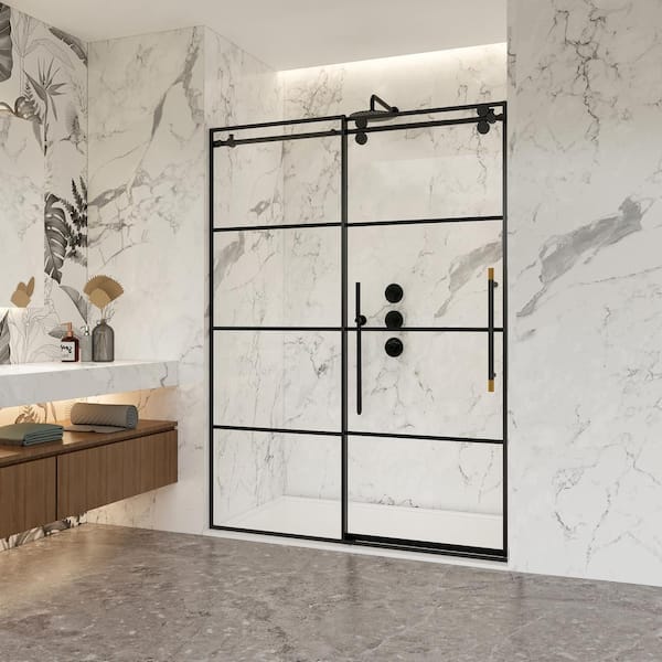 ROSWELL Losar 56 in. W x 78 in. H Single Sliding Frameless Shower Door in Matte Black with Clear Glass