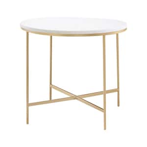 22 in. White and Gold Round Marble End Table with X-Base