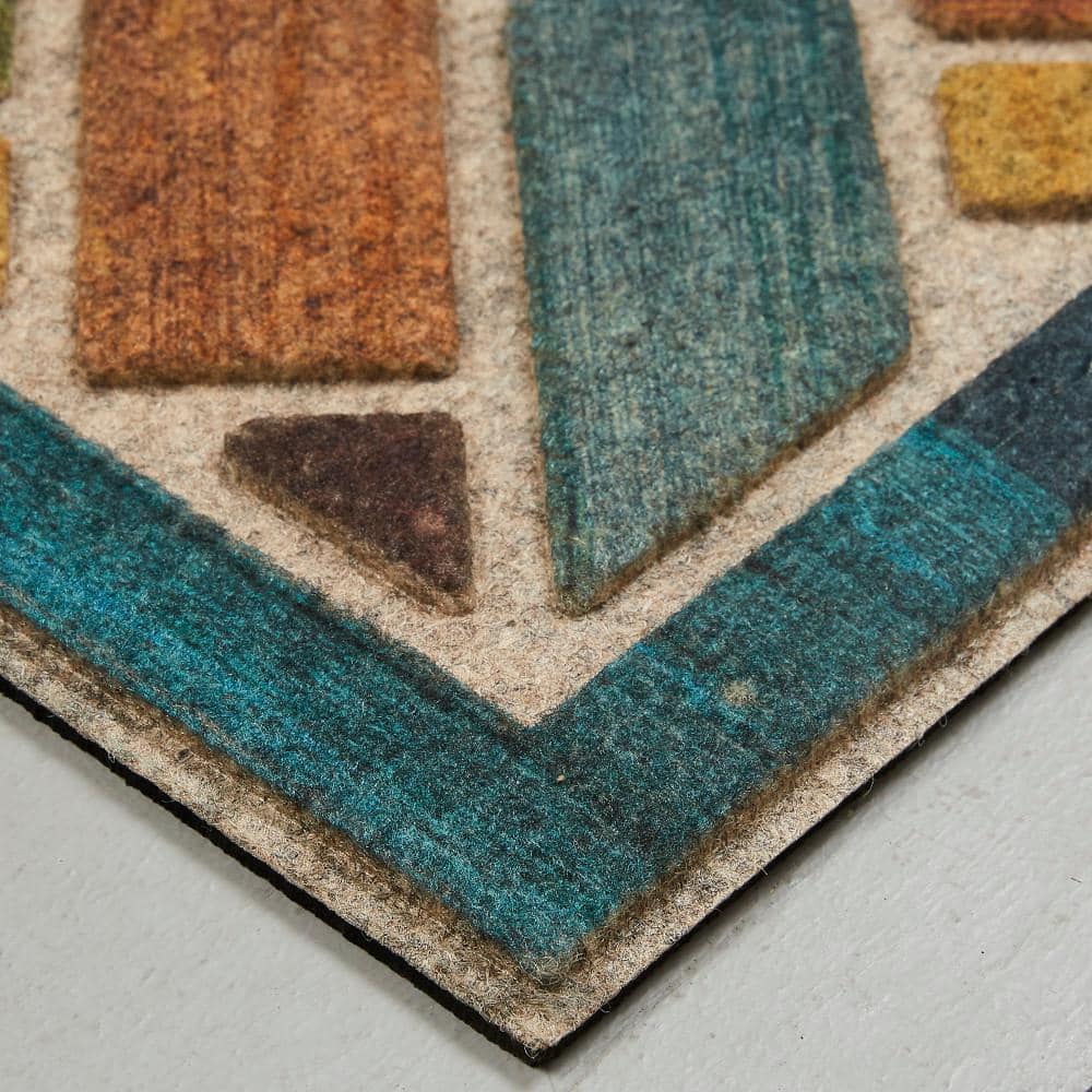 Multicolor Herringbone and Floral Medallion Outdoor Rubber Doormat, 2' x 4'