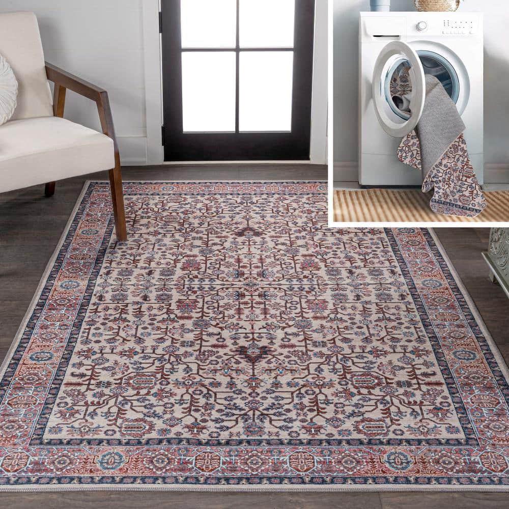 Kemer Persian Washable Chenille Beige/Red/Blue 3 ft. x 5 ft. Area Rug