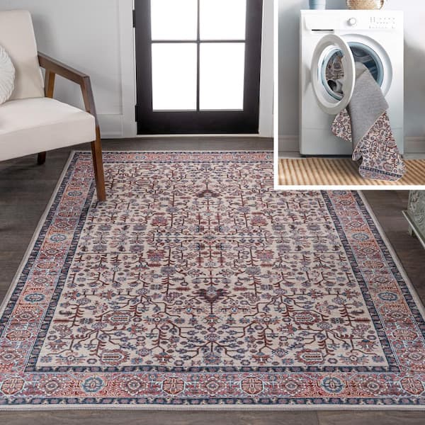 JONATHAN Y Kemer All-Over Persian Machine-Washable Beige/Red/Blue 3 ft. x 5 ft. Area Rug