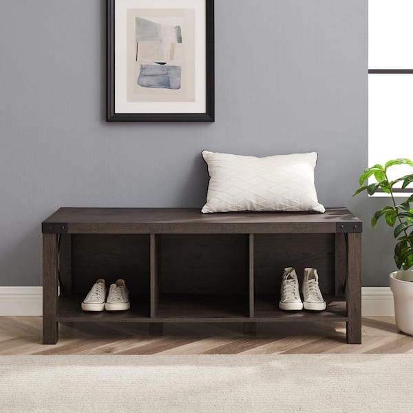 Walker Edison Furniture Company 48 in. Sable Wood and Metal Farmhouse Metal-X Bench with 3-Cubbies (18 in. H x 47.75 in. W x 15.75 in. D)