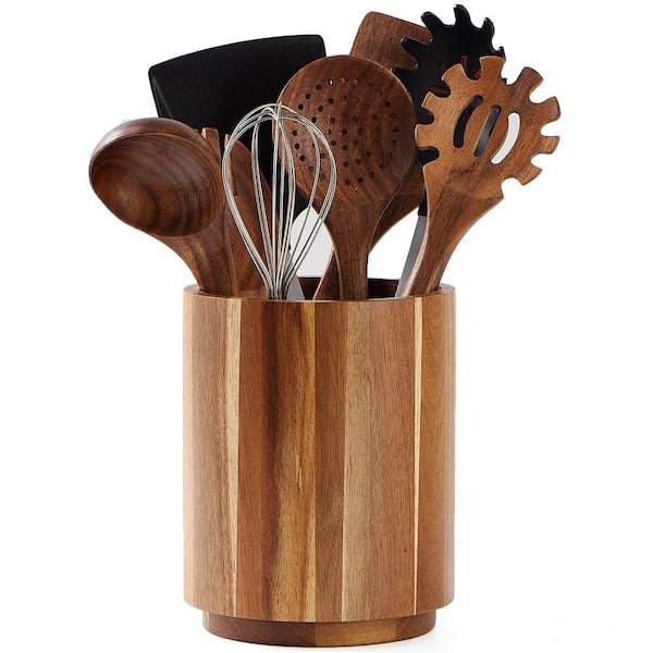 Acacia Wood Utensil Holder for Kitchen Counter, 7.2 in 360-Degree Rotating Cooking Utensil Crock, Farmhouse Decor
